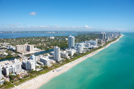 Stunning aerial view of Miami Beach's skyline along the Atlantic Ocean, ideal for travel and adventure imagery.